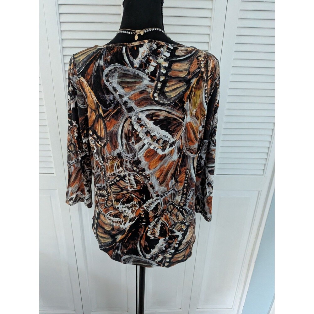 Peck & Peck Artsy Tee Top Womens L Brown Painted Butterfly Art To Wear Festival - Picture 7 of 10